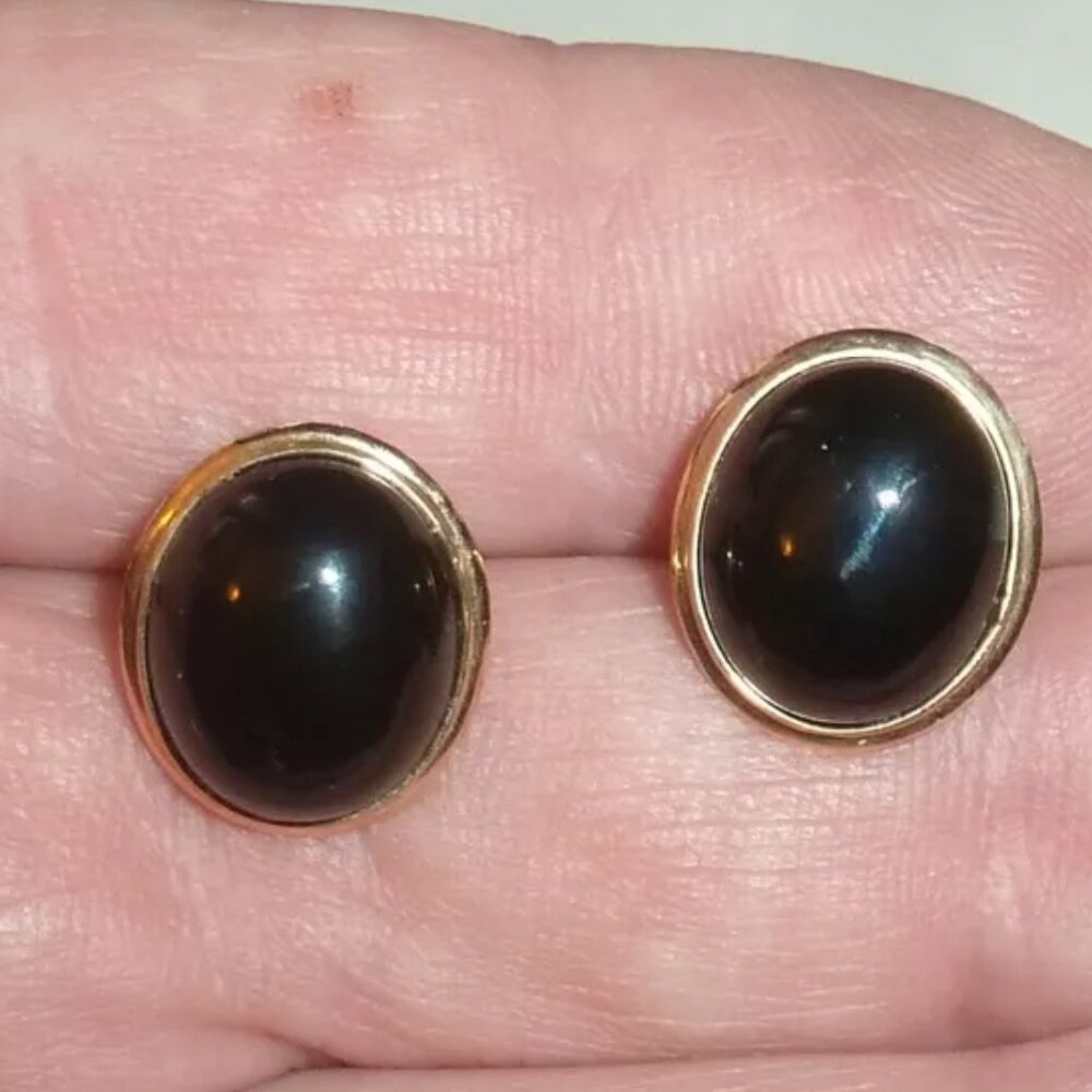 14K Yellow Gold Bezel Set Oval Cabochon Cut Black Onyx Stud Post Earrings 2.4gr